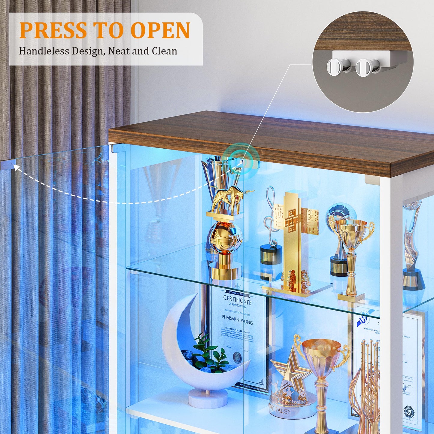 TAGELIER 67" Tall Display Cabinet with Glass Doors and 2 Drawers, Adjustable Glass Height Bookcase, Curio Cabinet with 3 LED Lights and Human Body Sensor (White)