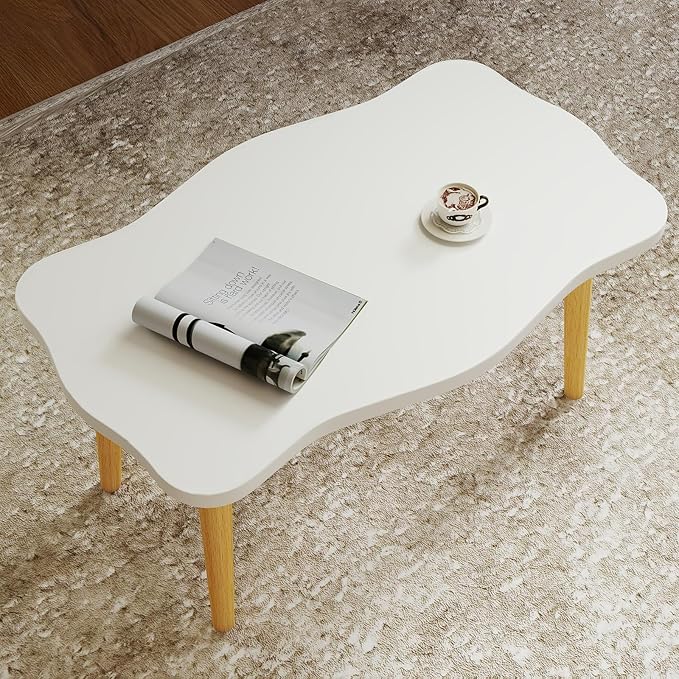 Funecy Cookie Coffee Table Low Table with 4 Solid Wood Sturdy Legs, Floor Table Desk for Sitting on The Floor, Storage and Living Room Furniture (White)