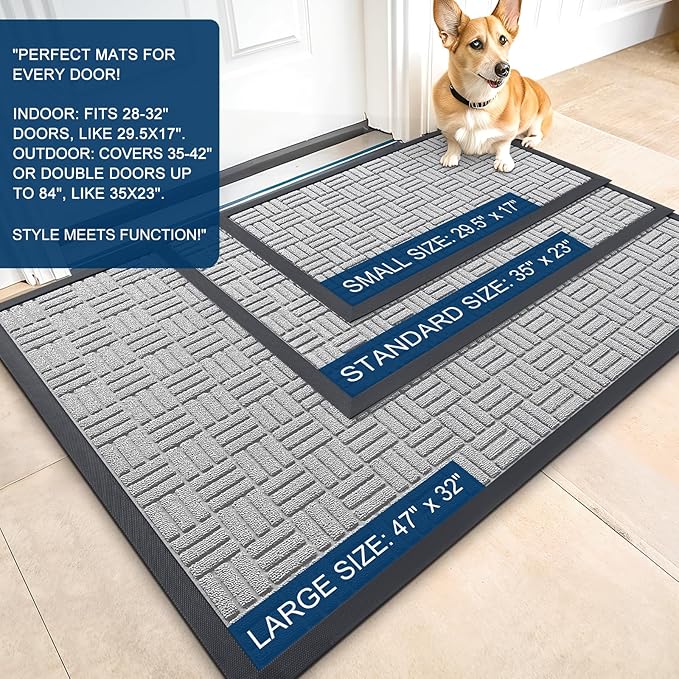 OLANLY Front Door Mat Outside Entrance 71x47, Absorbent, Heavy Duty Sturdy Natural Rubber Doormat Indoor Outdoor, Non-Slip, Stain and Fade Resistant, Low Profile Floor Mat for Entryway, Light Gray