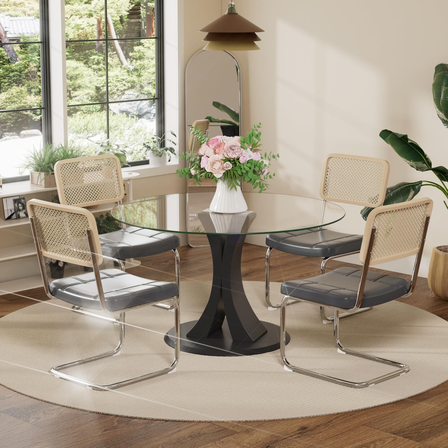 SIZOTA Modern Dining Chairs Set of 4, Upholstered Faux Leather Kitchen Chairs with Rattan Back for Dining Room, Restaurant, Kitchen, Living Room, Cafe, Gray