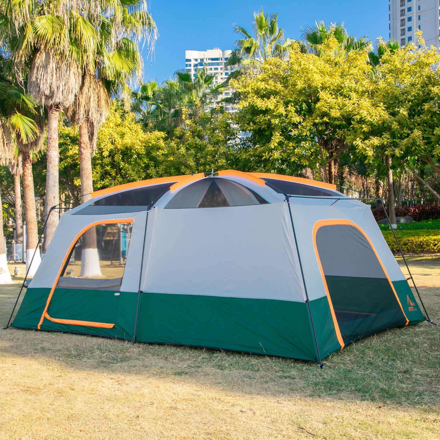KTT Extra Large Tent 14 Person,Family Cabin Tents,2 Rooms,3 Doors and 3 Windows with Mesh,Straight Wall,Waterproof,Double Layer,Big Tent for Outdoor,Picnic,Camping,Family Gathering(Green)