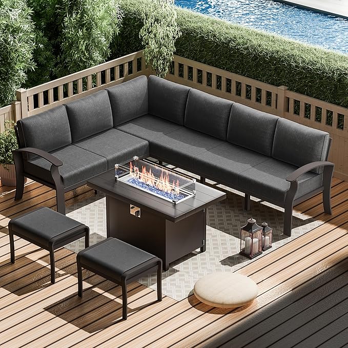 RTDTD Aluminum Outdoor Patio Furniture Set,8 Seats Patio Conversation Sets with 45" Propane Fire Pit Table,Metal Patio Sectional Furniture Set with Ottomans,Grey