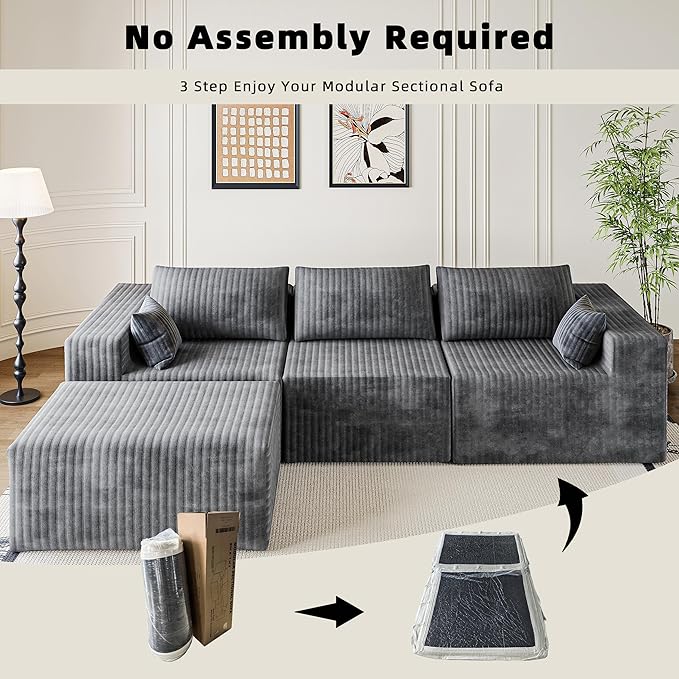 CABZOON 110" Cloud Couch Sectional for Living Room L-Shape Boneless Couches Modular Sectional Sofa with Deep Seat Plush with Chaise,No Assembly Required, Carbon Gray(Plush Corduroy Fabric)