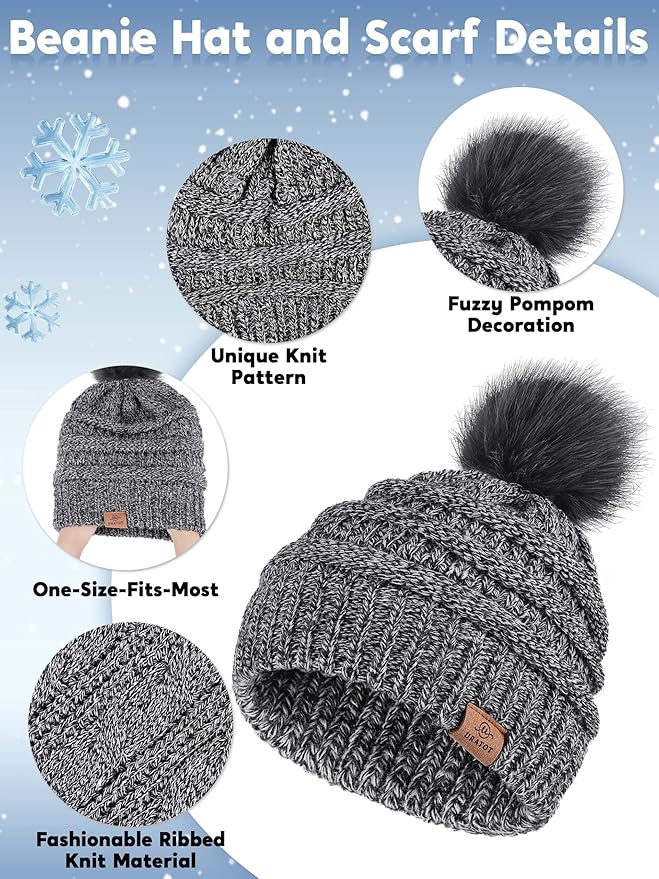 URATOT 4-In-1 Winter Warm Sets Knitted Scarf Touch Screen Gloves Beanie Pompom Hat and Winter Ear Warmer for Men or Women