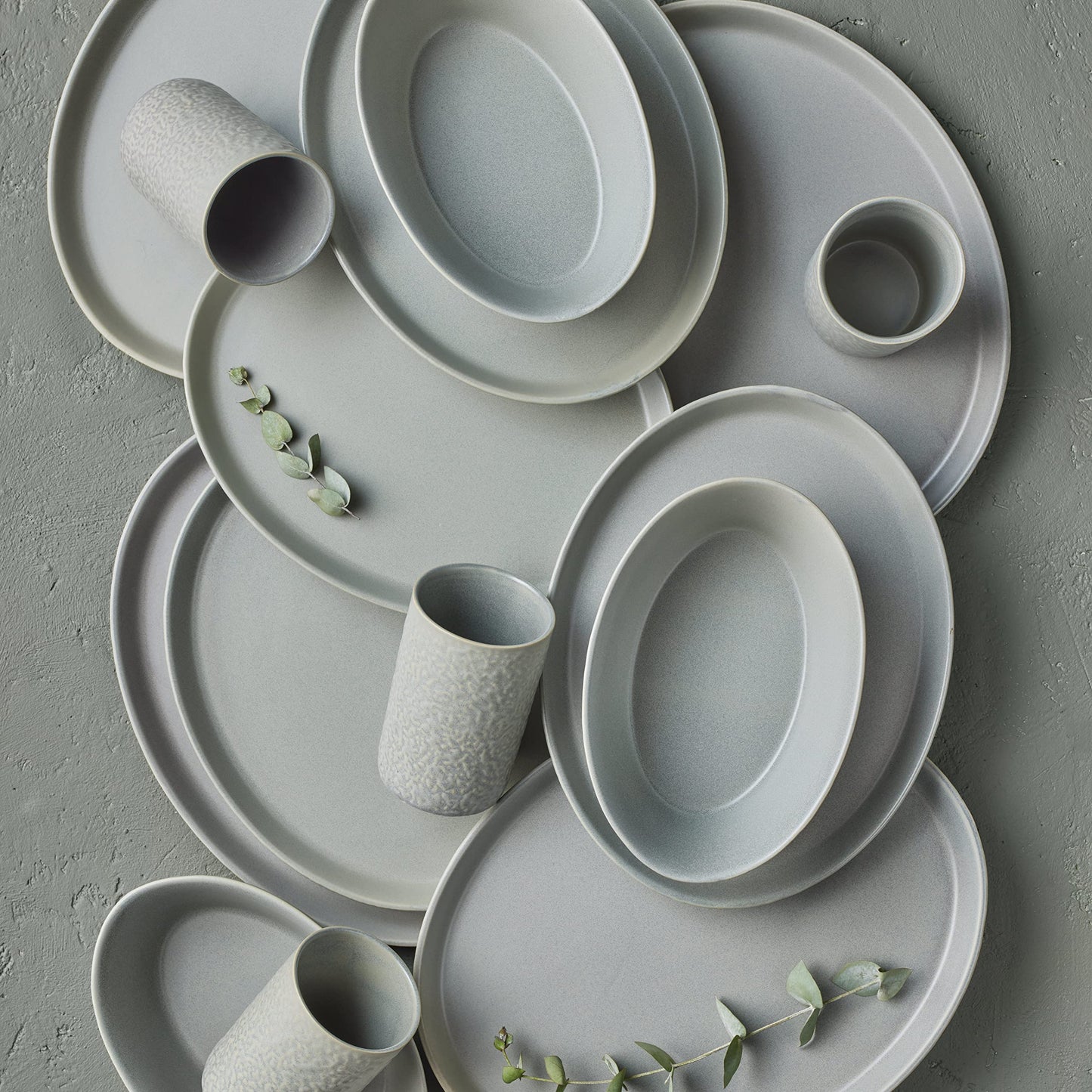 Stone Lain by Mercer Oval Stoneware 16-Piece Dinnerware Set, Light Grey