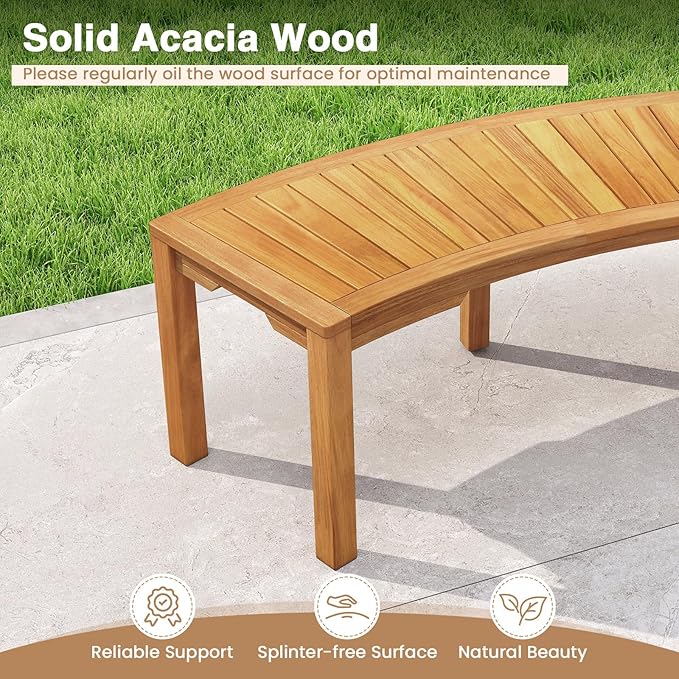 Tangkula Outdoor Curved Bench, Acacia Wood Fire Pit Bench w/Slatted Seat, Patio Backless 2-Person Seating for Porch, Yard, Garden, 800 LBS Max Load, Oil Painted (2, 45")