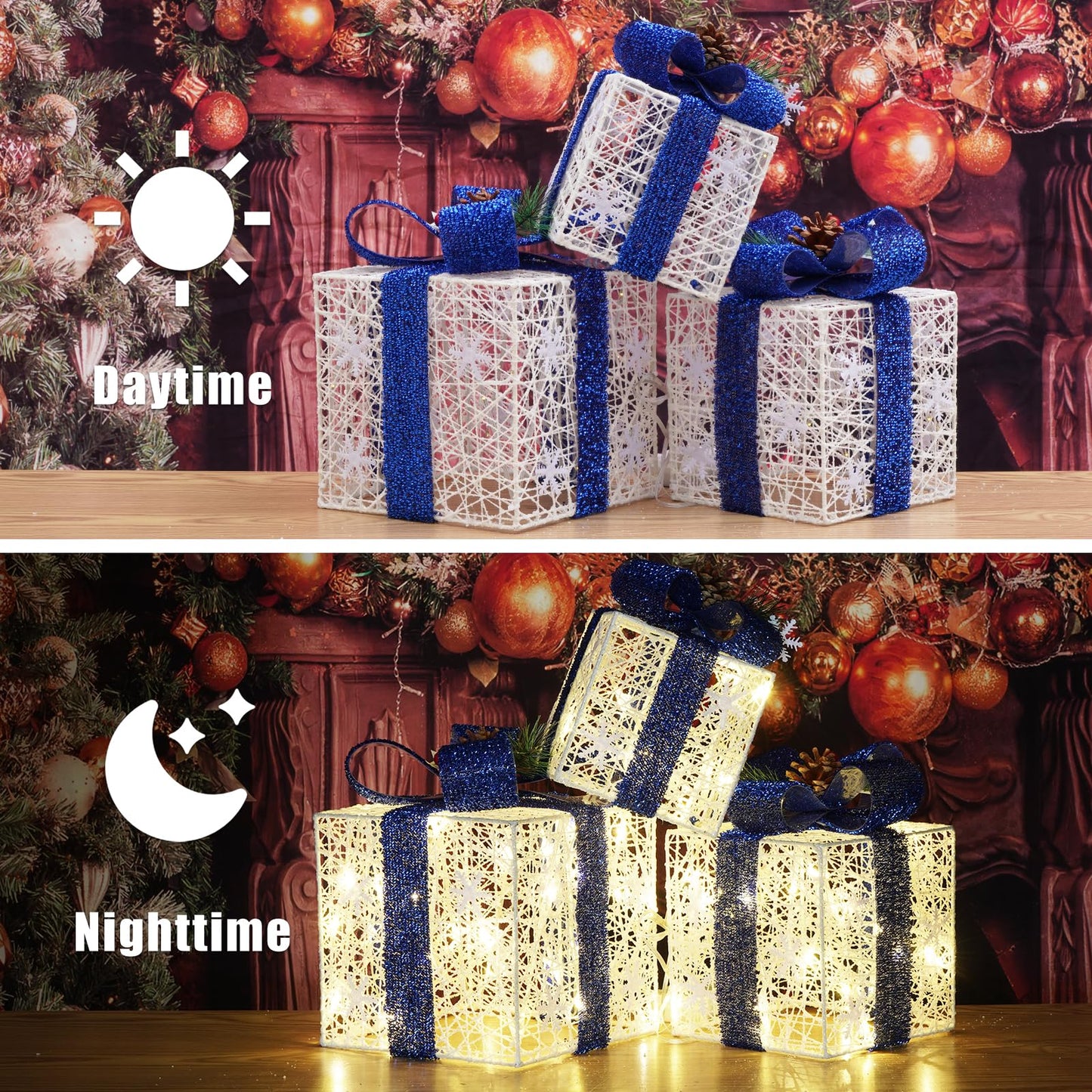 Christmas Decorations, Set of 3 Christmas Lighted Gift Boxes, Battery Operated Xmas Present Boxes, Warm White LED with Bows for Indoor Christmas Tree, Yard, Home Decor （Blue Bow）