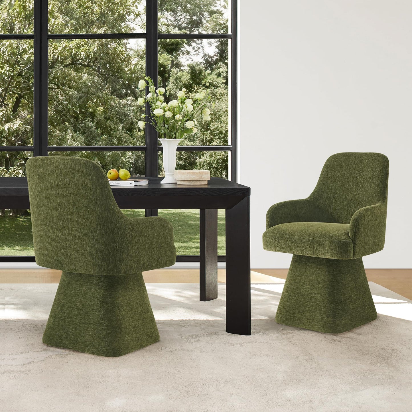 KISLOT Swivel Dining Chair Set of 1, Mid Century Modern Chair Fabric Upholstered Armchair with Armrest & Ergonomic Backrest for Dining Room, Kitchen, Bedroom, Living Room, Green