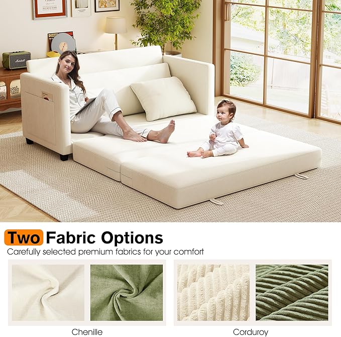 kakuboohi 65" Loveseat Sleeper Sofa Bed, Chenille Convertible Sofa Bed for Small Spaces, Folding Couch Bed with Deep Seat, Solid Frame, Pull Out Floor Couches for Living Room, Beige