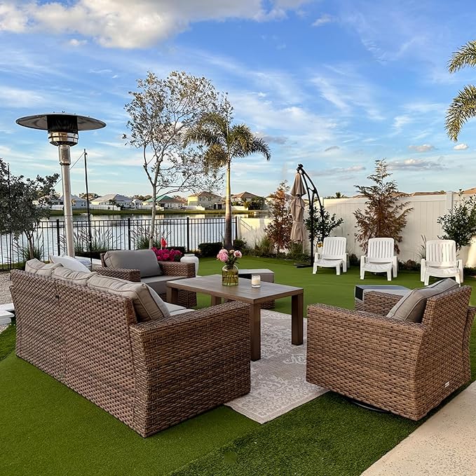 SUNSHINE VALLEY Swivel Glider 6 Piece Outdoor Furniture Set with Swivel Chairs, Wicker Patio Furniture with 4.92" Wide Armrest, 26.3" Deep Seating and 5.5" Thick Cushions, Grey