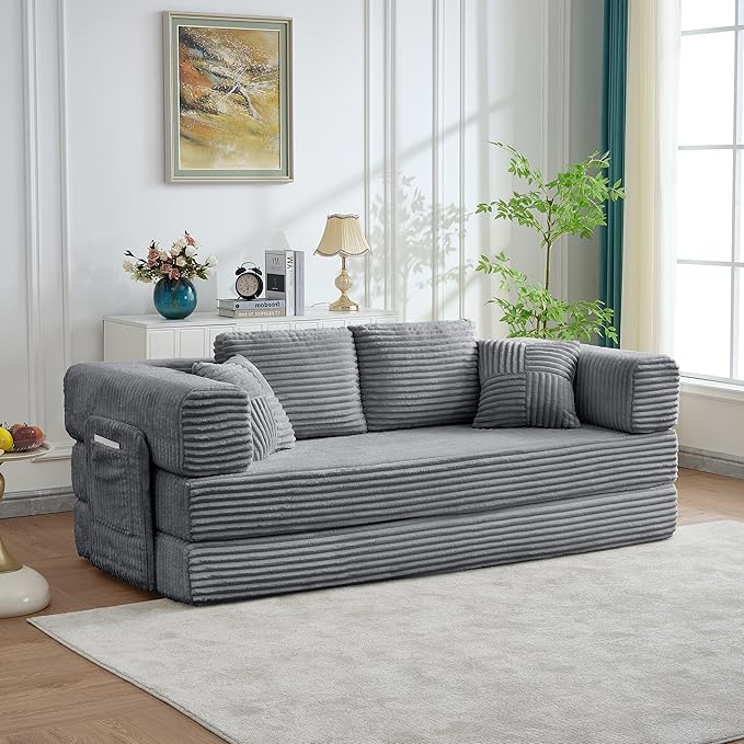 79.5" Folding Convertible Sofa Bed with Side Storage Pockets, 4-in-1 Corduroy Boneless Couch, No Assembly Loveseat Sleeper, Floor Sofa Daybed Futon Couch for Living Room Bedroom Lounge, Grey Upgraded