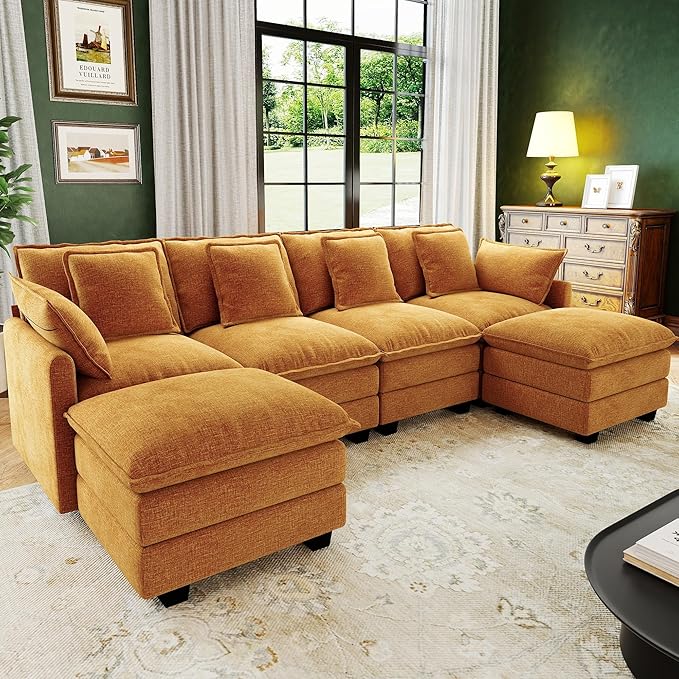 107" Cloud Couch Sectional, U Shaped Modular Sectional Sofa, 4-Seat Deep Seat Couch with 6 Removable Washable Pillows and 2 Ottoman for Living Room, Bedroom, Apartment, Orange