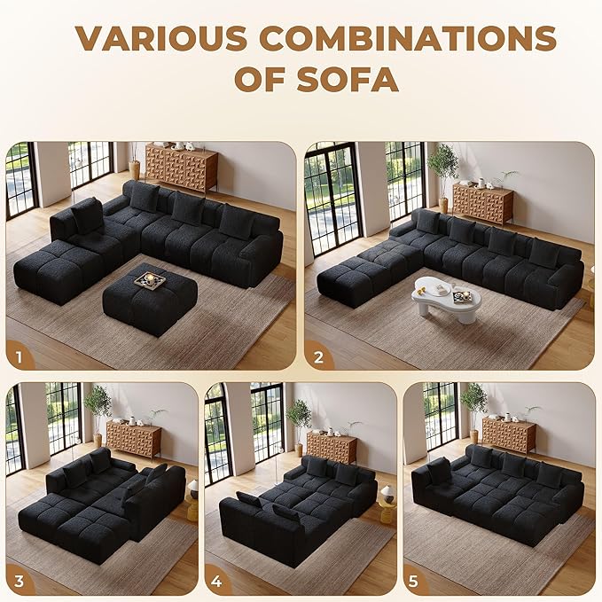 135" Modern L Shaped Modular Sectional Sofa, 6 Seater Convertible Chenille Cloud Couch Sofa Set, Boneless Couches for Living Room with Ottoman, No Assembly Required, Black
