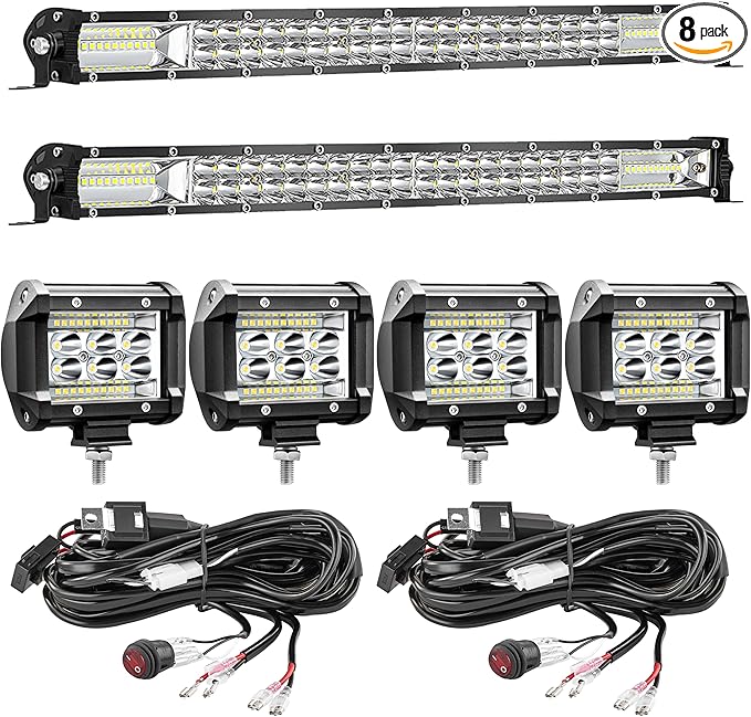 SAN YOUNG LED Light Bar Kits, (2) 20 Inch Slim Light Bars, (4) 4 Inch LED Pods, (2) Wiring Harness, 12V 24V Car Truck ATV ...