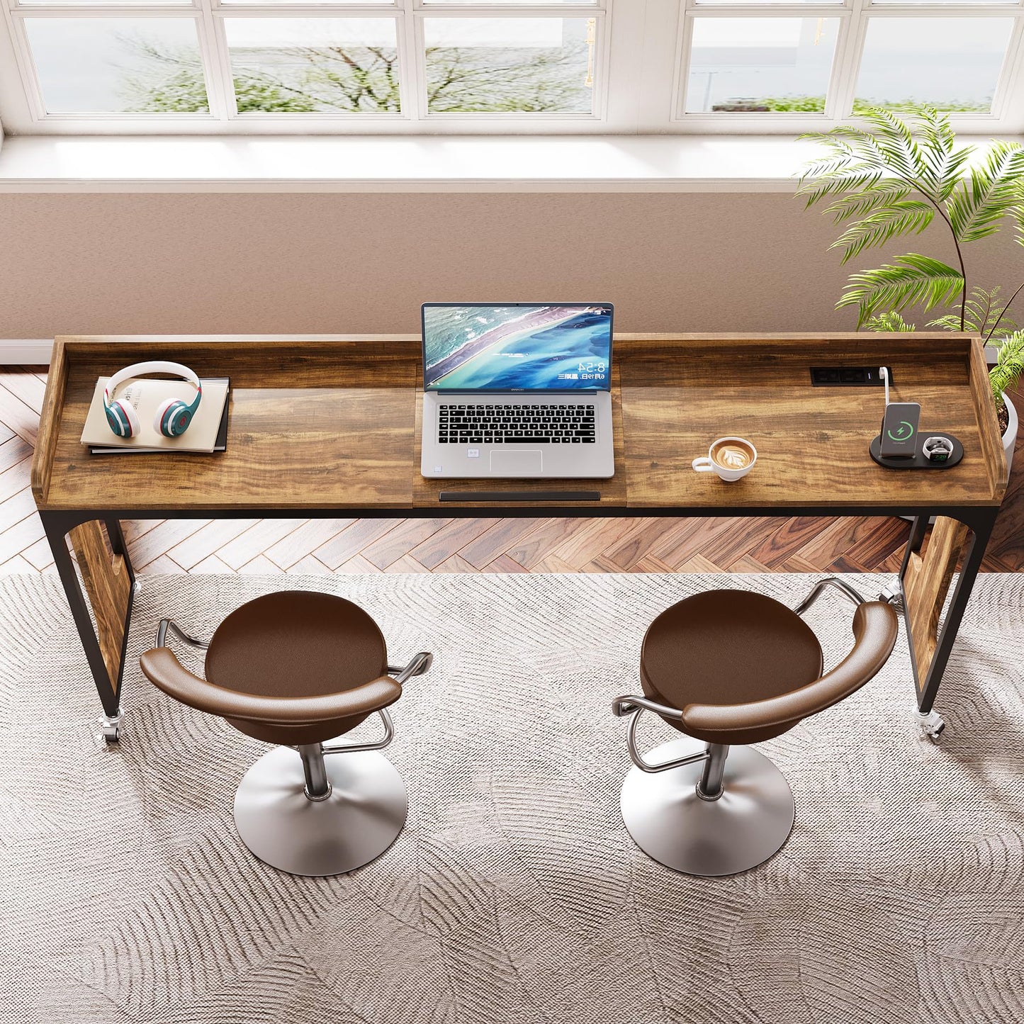 Tribesigns Overbed Table with Wheels, 71" Queen Size Bed Table with Adjustable Tilt Board, Mobile Laptop Cart with Outlets & USB Ports