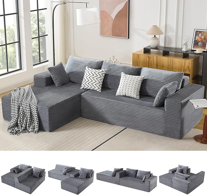 WUTUTUEE 110" Boneless Sectional Couch with Chaise Lounge, Cloud Couch Compressed Sofa L Shape, No Assembly Memory Foam Sofa for Living Room, Grey Corduroy