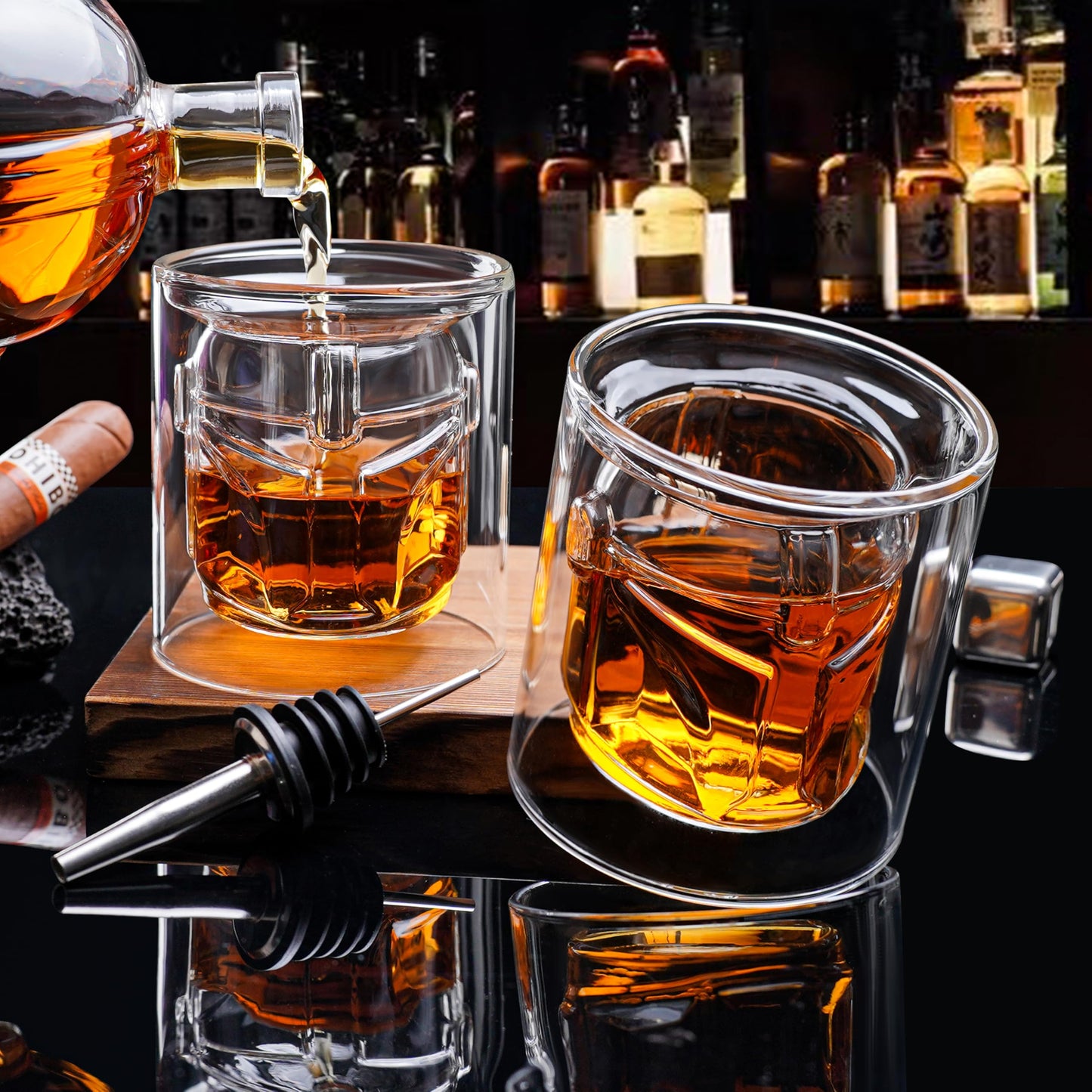 Cosmic Whiskey Decanter Set with 2 Glasses & Steel Stones - 1000ml/34oz Astronaut-Design, Artisan Crafted Lead-Free Glass - Signature Gift for Whiskey Lovers, Men