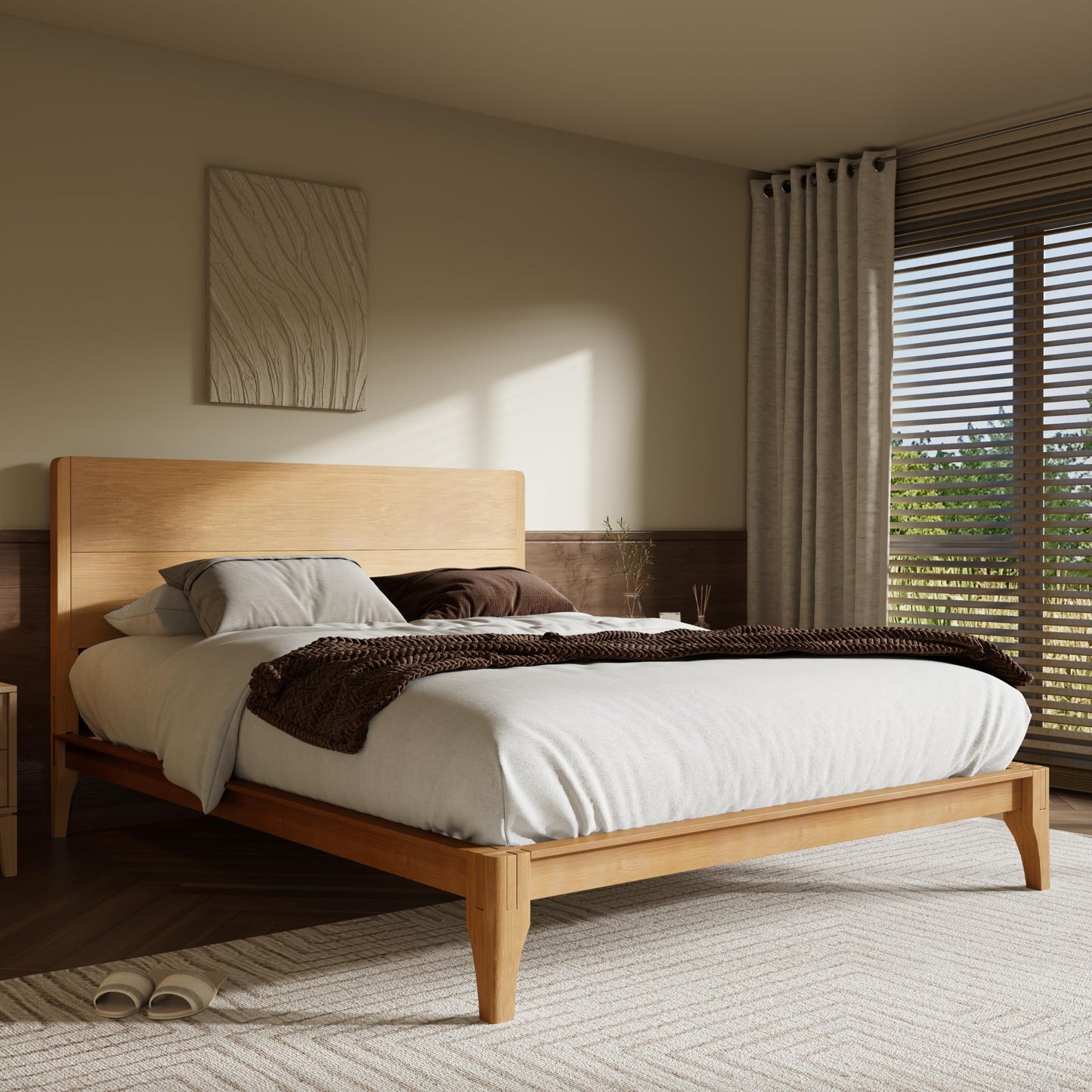 Merax King Size Bamboo Platform Bed, Mid-Century Modern Bed Frame with Tall Headboard, Solid Sustainable Bedframe King-Size, Wood Slat Support, No Box Spring Needed, Easy Assembly, Natural