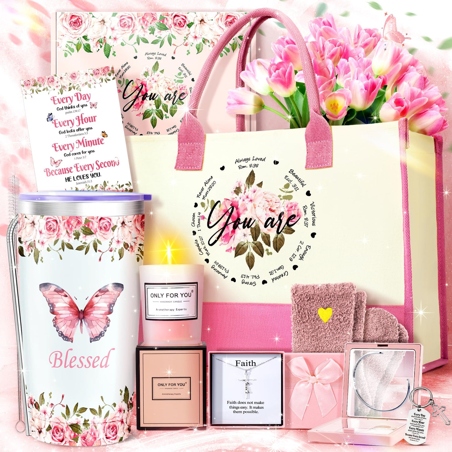 11PCS Christian Gifts for Women Faith, Inspirational Gifts for Women, Pink Birthday Spiritual Religious Basket Set,Self Care Get Well Soon Baskets for Mom,Friends,Wife,Girlfriends