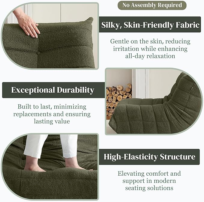 Bean Bag Chair, Fireside Chair Bean Bag Sofa for Adults, Bean Bag Chairs for Teens with High-Resilience Foam, Memory Foam & Non-Slip Base Bean Bag for Living Room, Bedroom, Office (Teddy, Green)