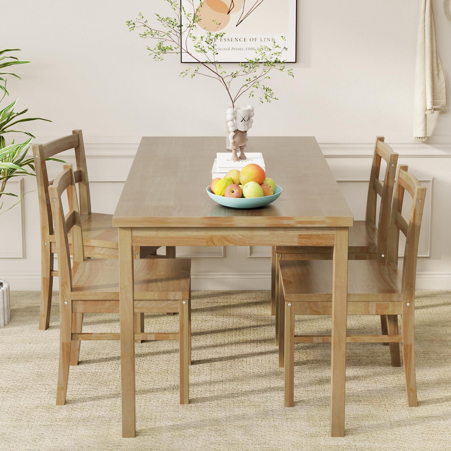 Orweiin 43.3 inch Solid Wood Indoor Modern Rectangular Dining Table Set for 4, Table and 4 Solid Wood Dining Chairs for Kitchen, Bar, Living Room, Breakfast Nook, Natural