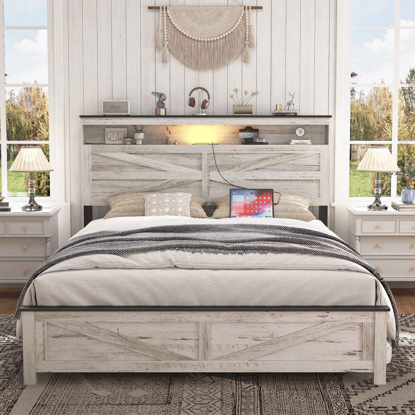 madeslves Farmhouse Wooden Bed Frame Full Size with Storage Headboard, Boho Platform Bedframe with LED Lights and Charging Station, Metal Slats Support, No Box Spring Needed, White
