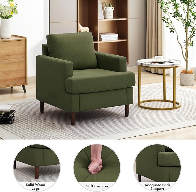 Weture Mid-Century Accent Chair,Modern Linen Fabric Armchair for Living Room,Comfy Upholstered Reading Accent Chairs for Bedroom,Single Sofa Chair with Wood Legs (Green, 1 Pack)