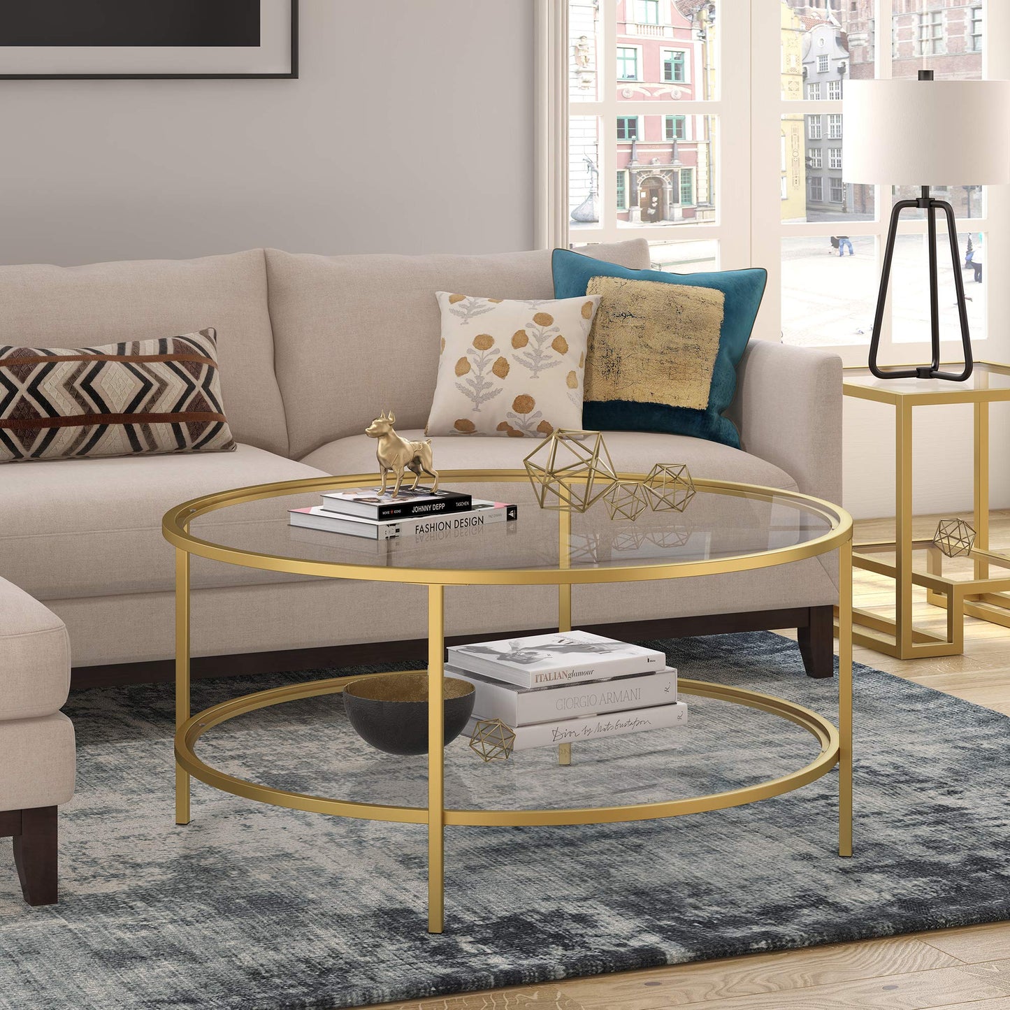 Henn&Hart 36" Wide Round Coffee Table with Glass Top in Brass, Round Coffee Table for living room, studio apartment essentials