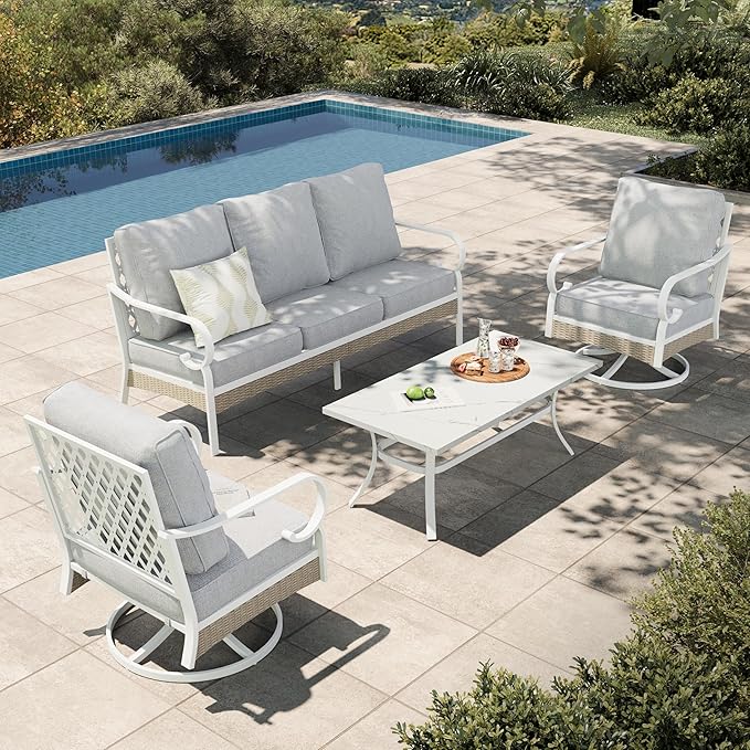 HERA'S HOUSE 4-Piece Patio Furniture Set with Metal & Rattan Design, Includes 2 Swivel, Chairs, 3-Seat Sofa & Marble Coffee Table, All-Weather Outdoor Conversation Set for Garden Backyard, Beige