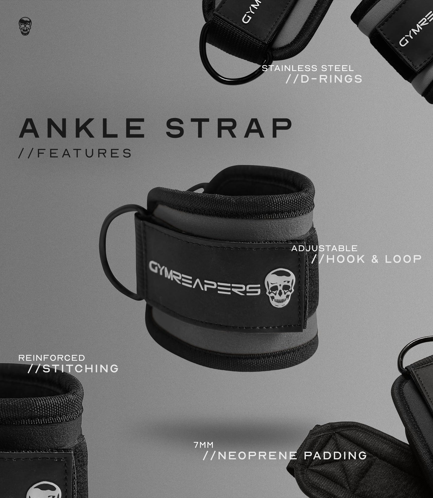 Gymreapers Ankle Strap (Single) For Cable Machine Kickbacks, Glute Workouts, Lower Body Exercises - Adjustable Leg Strap with Neoprene Padding (Overcast, Single)