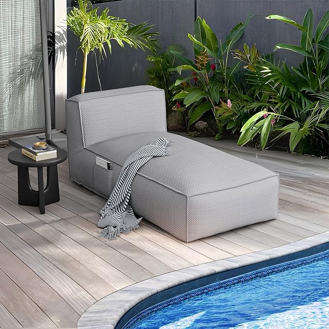 OPEAK Outdoor Bean Bed Chair Sun Lounger, Outdoor Couch Sofa for Patio & Pool, Foam Filling Day Bed Furniture, Comfy Lazy Sofa for Outside, Water-Resistant Seating Lounge Chair, Light Grey