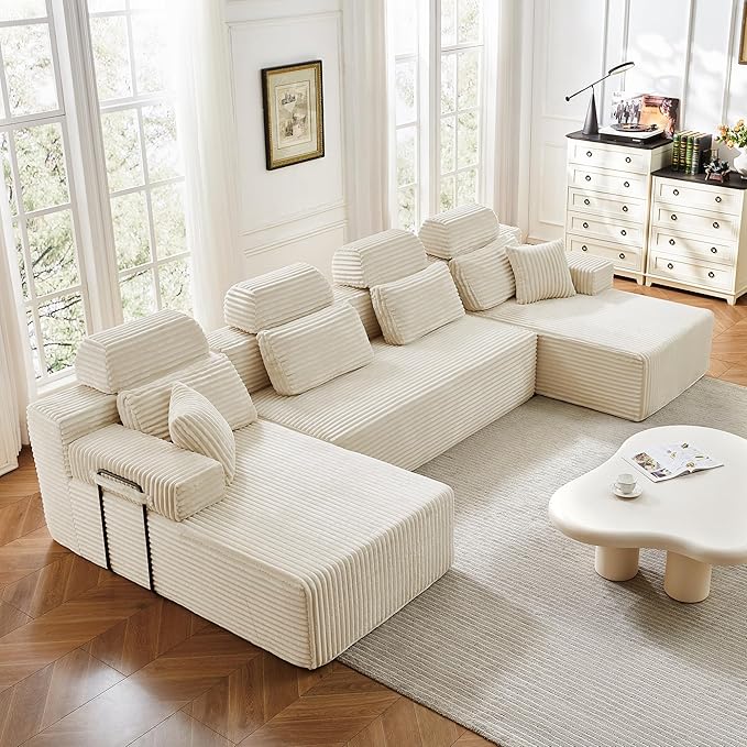 141" U-Shaped Cloud Modular Sectional Sofa with Chaise & Headrest, Boneless Deep Seat Plush Corduroy Couches for Large Living Room, No Assembly Required (White, 141" U-shapred Chaise)