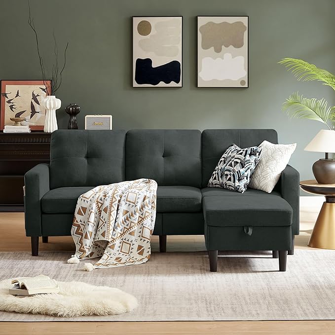 Pingliang Home Sectional Sofa Couches for Living Room, Modular 3 Seats Sectional Sofas L Shaped Couch with Storage and Reversible Chaise, Linen Fabric, 79" (Black)