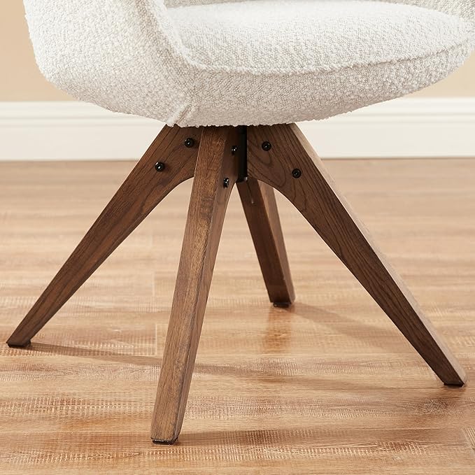 Art Leon Dining Chair, Mid Century Modern Boucle Fabric Upholstered Swivel Dining Room Chair with Oak Wood Legs, Leisure Side Chair with Arms for Living Room, White