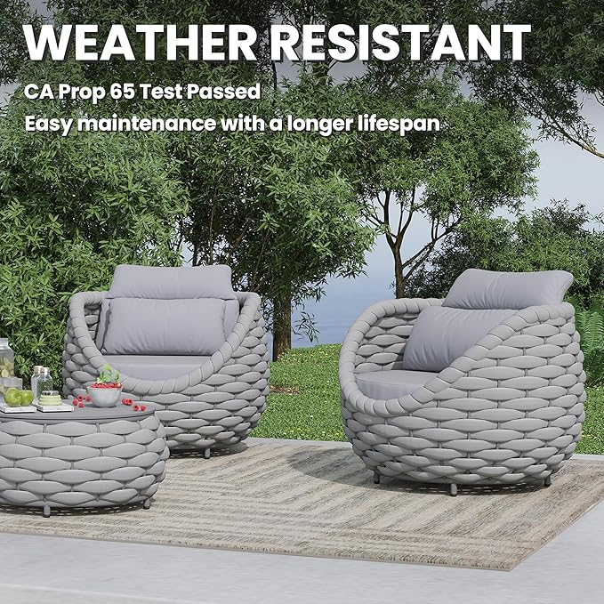 Erotr Front Porch Furniture Set: 3 Pieces Aluminum Patio Conversation Sofa Set for 2 - All Weather Woven Rope Outdoor Armchair Set w/Cushions No Assembly for Bistro Pool Yard Balcony Deck Hotel, Gray
