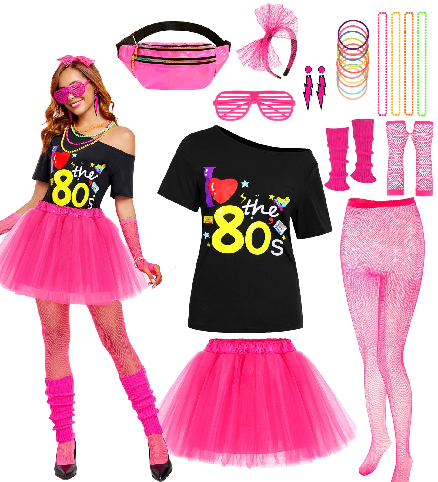 Neilyoshop 80s Costume for Women 80s Retro Hop Hip Set I Love The 80s Shirts for Halloween Cosplay(Small)