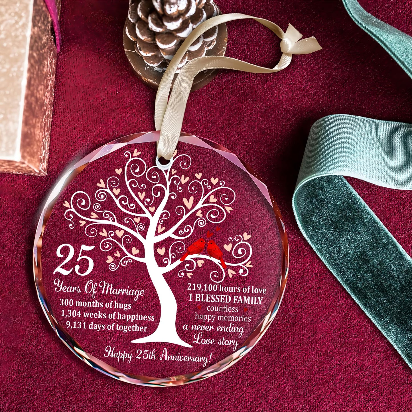 Bozspacer 25th Wedding Anniversary Glass Ornament – Silver Wedding for Parents, Couple, Wife, or Husband – Unique 25 Years Marriage Keepsake Decoration