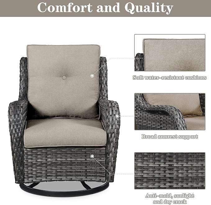 Belord 3 PCS Patio Furniture Set - Mixed Grey Wicker Swivel Rocking Chair Set with Side Table
