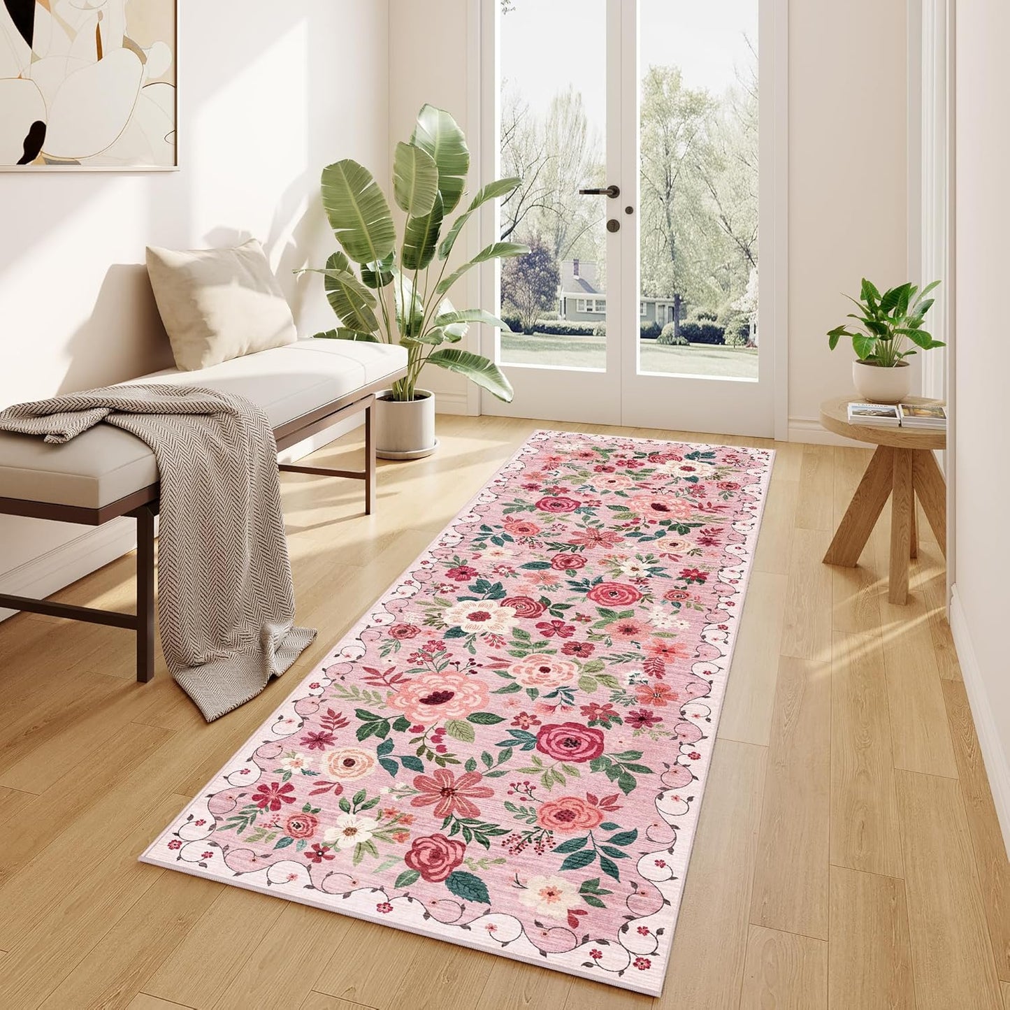DUKINO 2x6 Kitchen Runner Rug for Hallway, Washable Runner Rug with Non Slip Backing, Low Pile Soft Boho Floral Carpet for Girls Room, Kitchen, Entryway, Laundry, Bedroom, Pink
