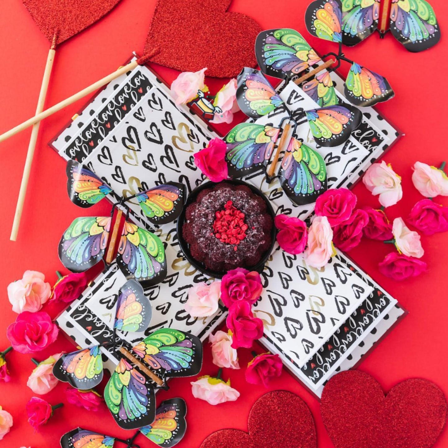 Love Butterfly Explosion Gift Box by Send A Cake – Flying Butterfly Surprise with Flower Shower & Red Velvet Mini Bundt Cake – Ready to Gift Birthday Surprise for Women, Men, Mom, Dad, Friends & Kids