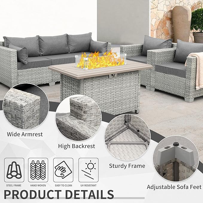 WAROOM Patio Furniture Set 4 Piece Wicker Conversation Sets PE Rattan Chair Outdoor Couch Sectional Sofa with Fire Pit Table, Grey Cushion