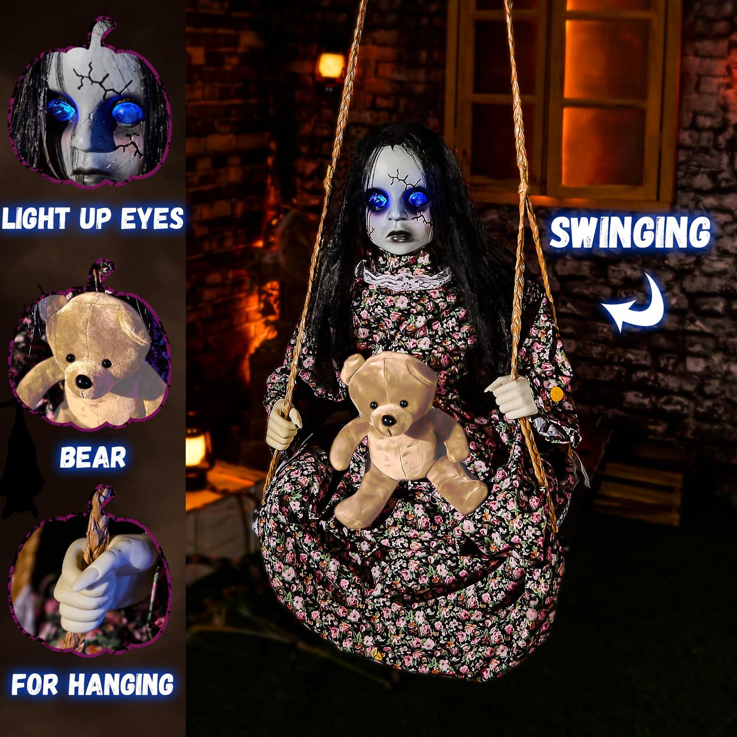 Halloween Animatronics Hanging Swinging Doll Floating Decorations with Sound & Sensor Activated, Creepy Sound, Light Up Eyes, Scary Move, Haunted House Decor Spooky Holiday Prop for Indoor, Outdoor