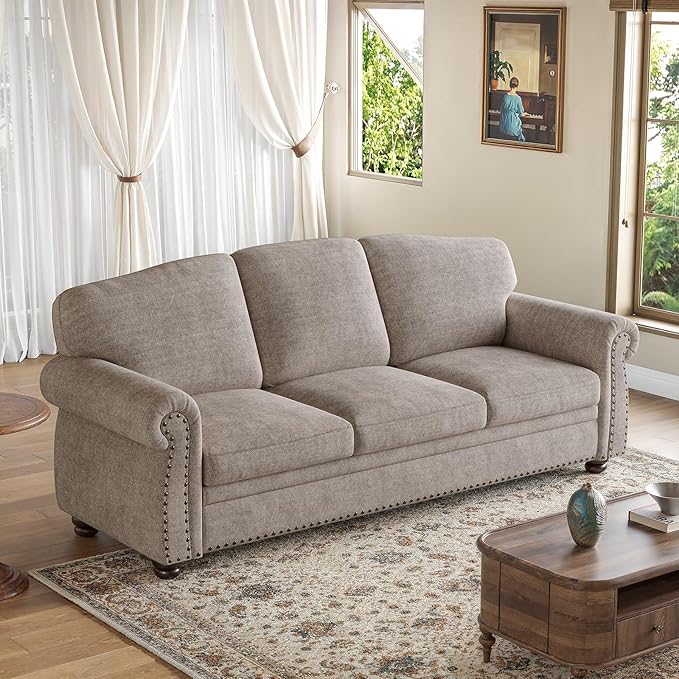 ONBRILL 90 Inch Nailhead Trim Couch for Living Room, 23 Inch Deep Seat Rolled Arm Sofa, Comfy Upholstered 3 Seater Chenille Couch w/Wooden Leg, Large Traditional Sofa for Farmhouse, Beige