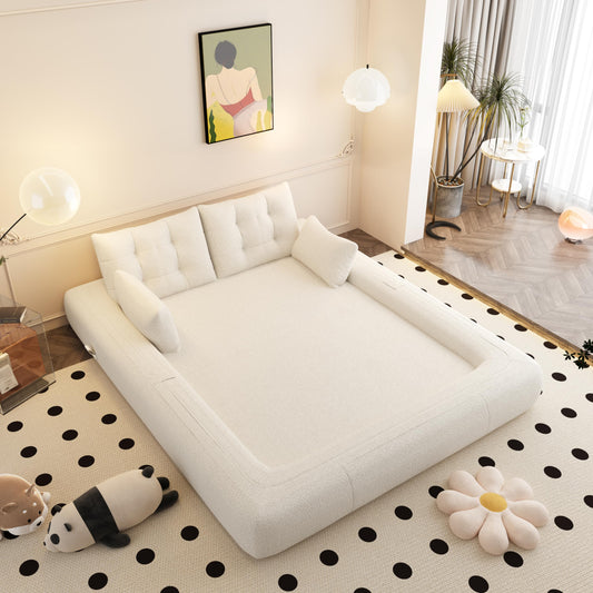 Ball & Cast Multi-Functional Foldable Sofa Bed with High-Density Foam,Teddy Fabric Upholstered Couch W/4 Pillows,Convertible Sleeper Sofas Bed,Living Room Furniture for Bedroom,Apartment,Beige,79"
