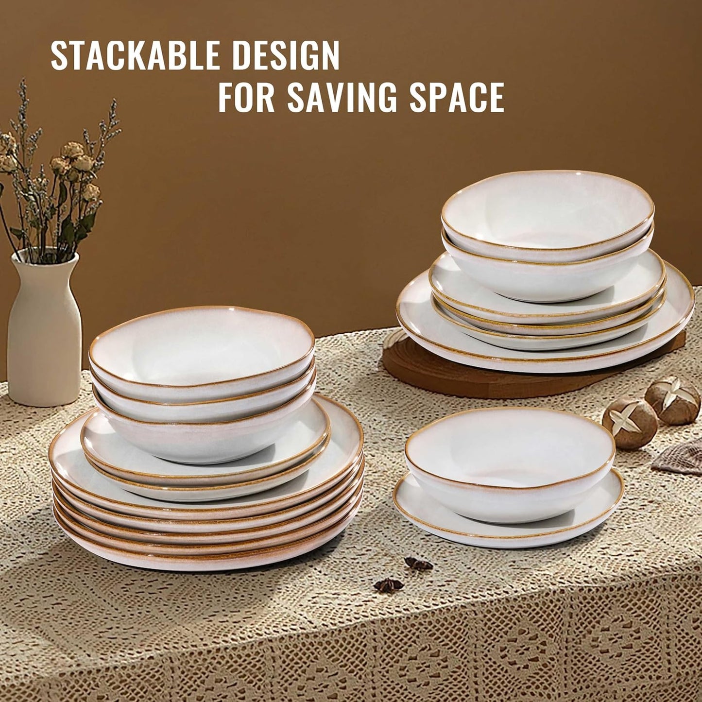 Herogo Stoneware Dinnerware Sets, 12 Piece Dinner Dishes Set for 4, Ceramic Plates and Bowls Dishware, Tableware Includes Dinner Salad Plates, Soup Bowls, Microwave & Dishwasher Safe, Pearl White