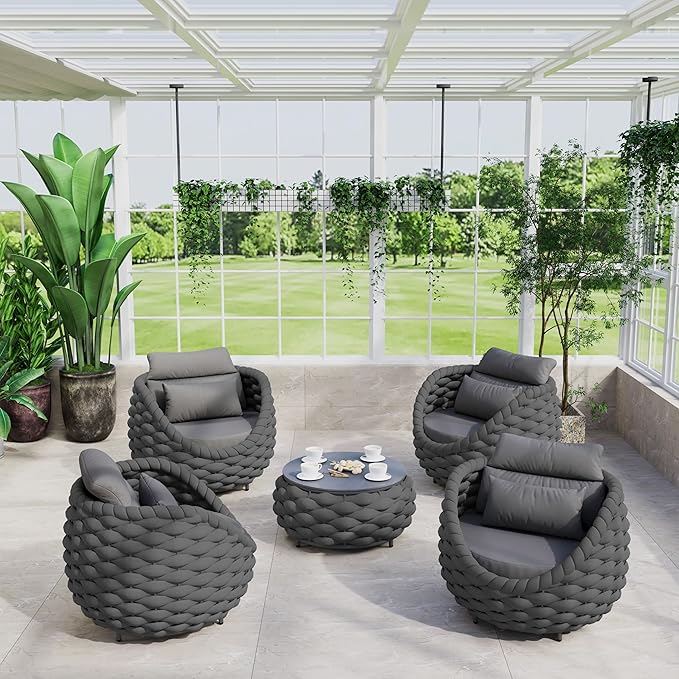 Erotr Front Porch Furniture 5 Piece Set: Aluminum Woven Rope Patio Conversation Sofa Set - Assembled Accent Chair Cushioned - Outdoor Armchair Couch Set for 400 lbs Deck Backyard Poolside Garden Hotel