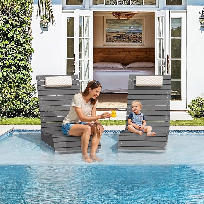 Homenjoy Pool Lounge Chairs Set of 2, Use in Pools Lounge Chairs up to 10-Inches of Water, Chaise Chairs with Headrest, Lounge Chair Outdoor, Fade-Resistant Pool Lounger for Deck