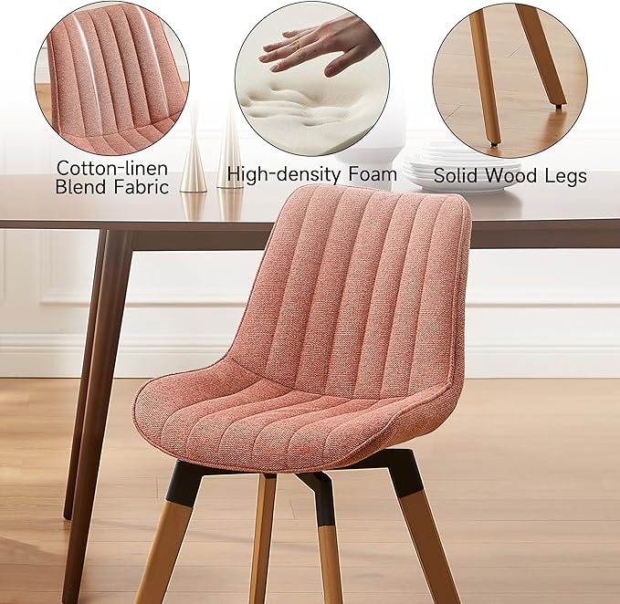 Art Leon Dining Chairs Set of 4, Mid Century Modern Swivel Dining Room Chairs, Fabric Upholstered Armless Side Chairs with Wood Legs for Kitchen Living Room Bedroom, Rose