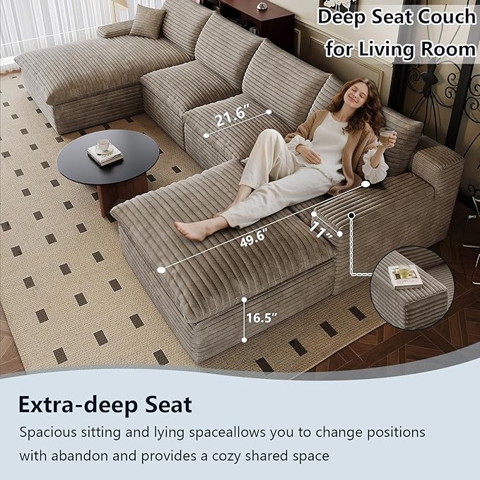 136" Cloud Sectional Couch U-Shaped Chaise with Ottoman, Corduroy Boneless Couch for Living Room Bedroom, Deep-Seat Upholstered Modular Cloud Sofa, No Assembly Required (Camel, Left Facing Chaise)