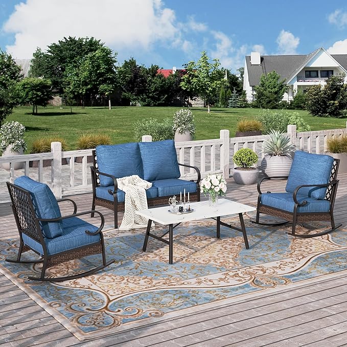 HERA'S HOUSE 4 Piece Metal Patio Furniture Set, 2 x Rocking Cushioned Chair, 2-Seat Lover Sofa with Coffee Table, All Weather Outdoor Conversation Set for Lawn Garden Backyard Deck, Pacific Blue